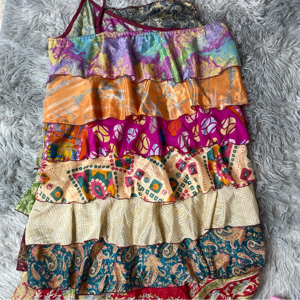 Silly Yeti Silk Boho Multicolor Mixed Print Ruffle Tiered Mini Dress One Shoulde - Picture 4 of 4